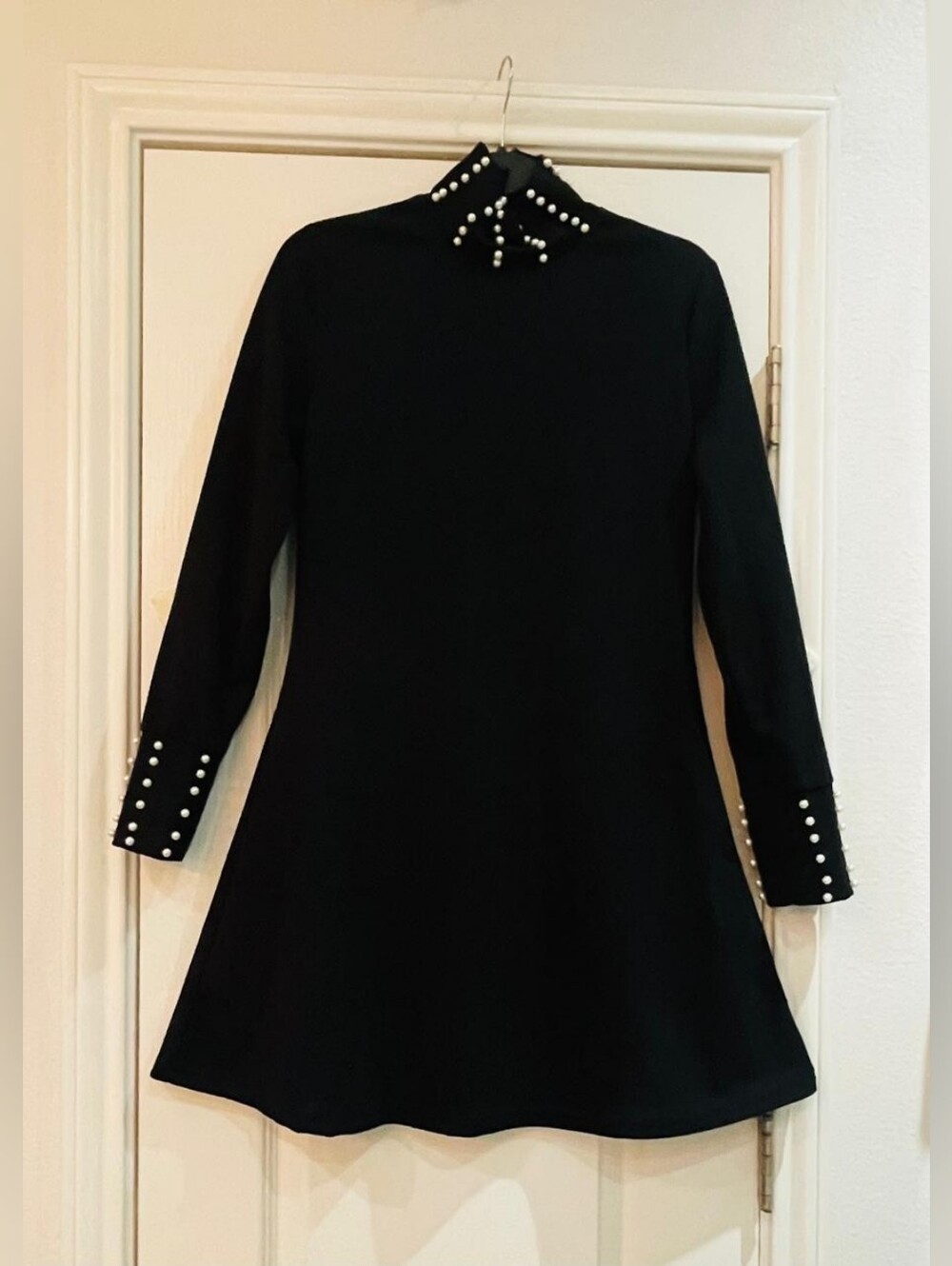 Black Long-Sleeve A-Line Dress with Pearl Collar and Cuff Detail